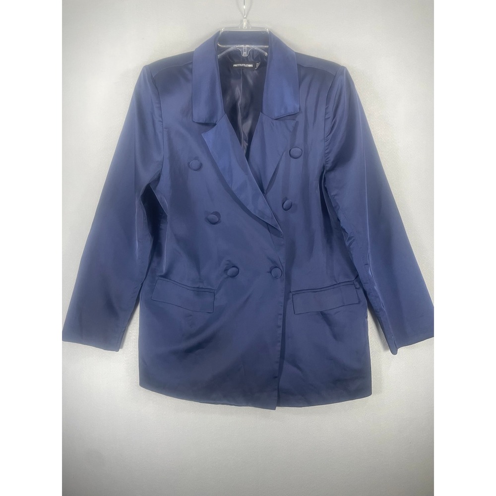 Pretty Little Thing Navy Blue Satin Double Breasted Blazer Jacket 2
